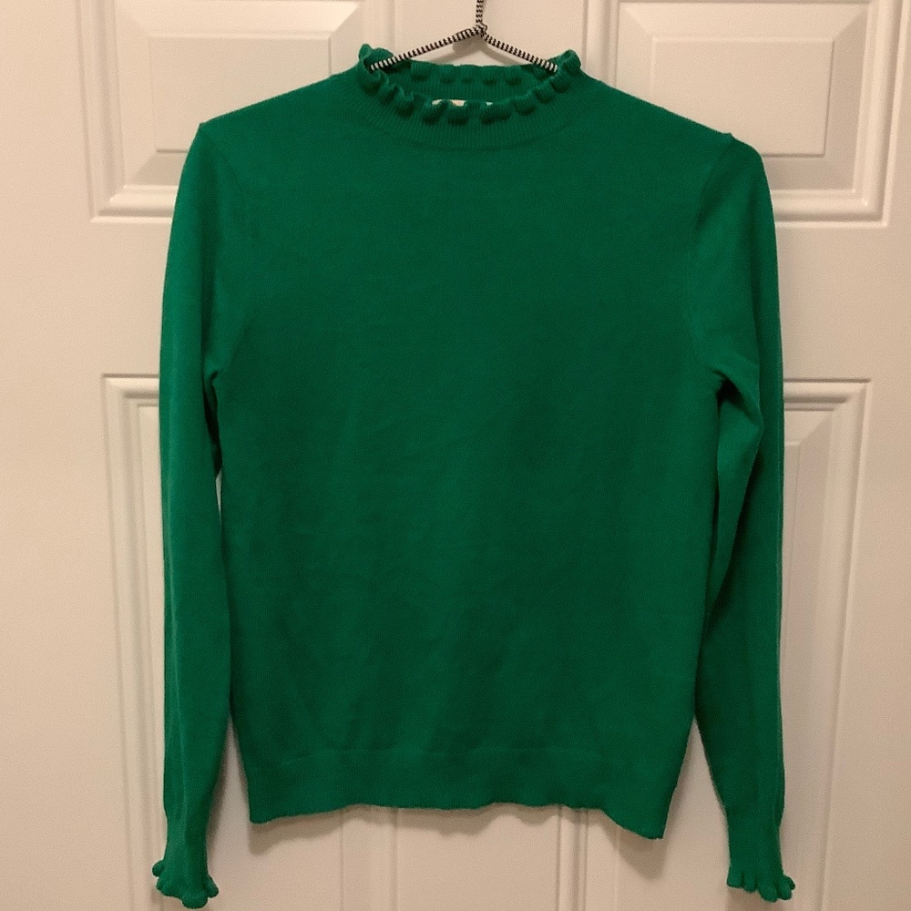 Boden|Cotton/Wool Blend Kelly Green Preppy Academia Ruffle Crewneck Sweater US 2